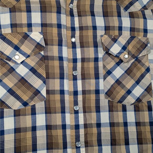 High Noon Mens XL Brown Plaid Pearl Snap Short Sleeves Pockets Rodeo Western - Picture 6 of 12